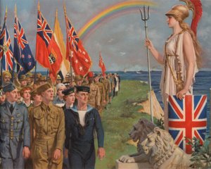 Personal militar británico y del imperio y civiles involucrados en el esfuerzo de guerra desfilando ante Britannia de English School