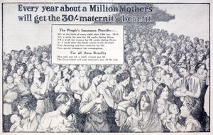 Tarjeta británica promoviendo el beneficio de maternidad pagado por el Seguro Nacional introducido por el Canciller Liberal del Exchequer David Lloyd George de English School