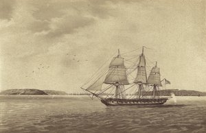 Fragata británica HMS Fisgard, al mando del capitán Thmas Byam Martin, en reconocimiento frente a Brest, Francia (litografía) de English School