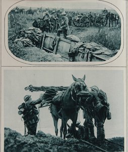 Artilleros británicos con caballos de carga, Flandes, agosto de 1917 de English School