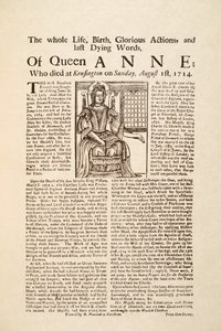 Hoja suelta publicada por la muerte de la Reina Ana, el domingo 1 de agosto de 1714