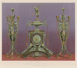 Reloj y candelabro de bronce de M Marchand de París (cromolito)