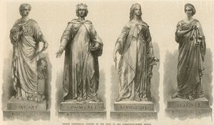 Estatuas alegóricas de bronce en los pilares del puente de Farringdon Street (grabado)