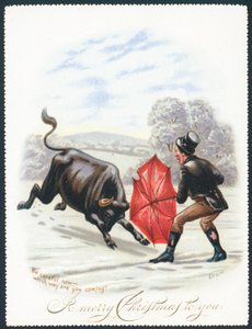 Toro embistiendo un paraguas rojo, tarjeta de Navidad
