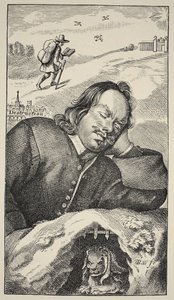 El sueño de Bunyan, frontispicio de The Pilgrims Progress por John Bunyan (1628-88), 4ª edición, pub. 1680 de English School