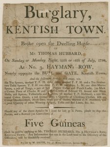 Robo en Kentish Town en 1798. Recompensa de £5 de English School