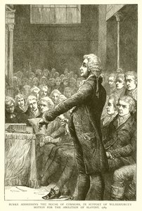 Burke dirigiéndose a la Cámara de los Comunes, en apoyo de la moción de Wilberforce para la abolición de la esclavitud de English School