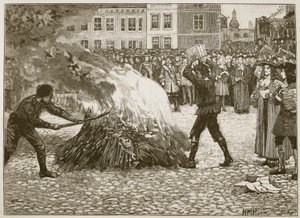 Quema del panfleto de Blount por el Verdugo Común, ilustración de Cassells Illustrated History of England de English School