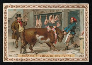 Carnicero tirando de un toro hacia su tienda, tarjeta de felicitación de Navidad de English School