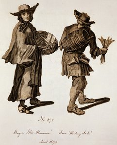 ¡Compre un nuevo almanaque! ¡Tinta de escritura fina!, ilustración de vendedores ambulantes alrededor de 1675