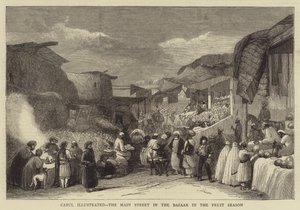 Cabul ilustrado, la calle principal en el bazar en la temporada de frutas de English School