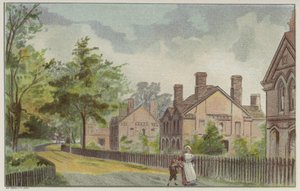 Cabañas de trabajadores de Cadbury y carril rural, Bournville, Birmingham (chromolitho) de English School