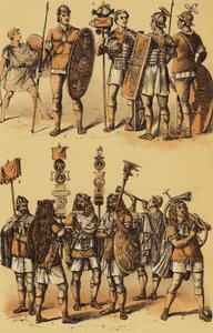 César, Guerra de las Galias: soldados romanos (litografía en color) de English School