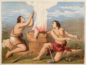 Sacrificio de Caín y Abel (litografía en color) de English School
