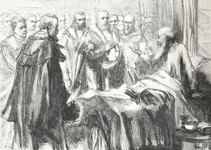 Calvino dirigiéndose al Consejo por última vez, ilustración de La Historia del Protestantismo de James Aitken Wylie, pub. 1878 de English School