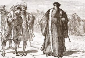 Calvino insultado por los libertinos en el puente del Ródano, ilustración de La Historia del Protestantismo de James Aitken Wylie, pub. 1878 de English School