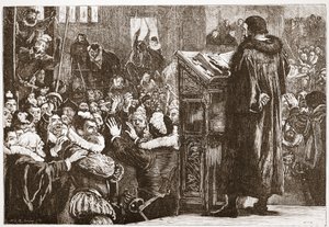 Calvino amenazado en la iglesia de Rive, ilustración de La Historia del Protestantismo de James Aitken Wylie, pub. 1878 de English School