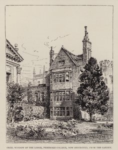 Cambridge: Ventana Oriel de la Logia, Pembroke College, ahora destruida, desde el Jardín de English School