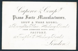 Caperoe & Company, fabricantes de pianos, tarjeta comercial de English School