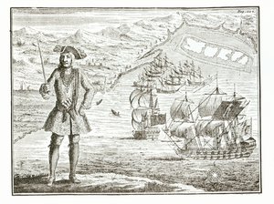 Capitán Bartholomew Roberts (1682-1722) con dos barcos, el Royal Fortune y Ranger zarpa en Whydah Road en la costa de Guinea, 11 de enero de 172? de Una historia general de los robos y muertes de los piratas más notorios de English School
