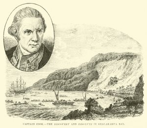 Capitán Cook, el Discovery y Resolute en la bahía de Kealakekua