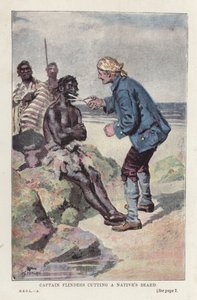 El capitán Flinders cortando la barba de un nativo de English School