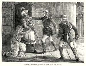 El capitán Hodson detiene al rey de Delhi (grabado) de English School