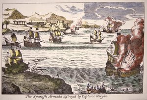 El Capitán Morgan derrota a los barcos de guerra españoles que bloquean la boca del Lago Maracaibo en 1669