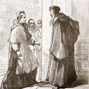 Cardenal Sadoleto visita a Calvino, ilustración de La Historia del Protestantismo de James Aitken Wylie, pub. 1878