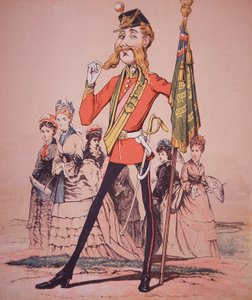 Caricatura de subalterno de infantería sosteniendo colores regimentales, de 