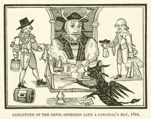 Caricatura del diablo ofreciendo a Laud un sombrero de cardenal