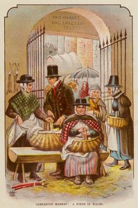 Mercado de Carnarvon, una escena en Gales (litografia en color) de English School