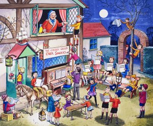 Cantantes de villancicos (gouache sobre papel)