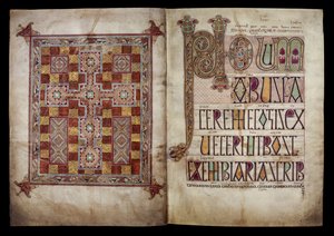 Portada y página del Incipit que introducen la carta de San Jerónimo al Papa Dámaso, Algodón Nerón D. IV, f.2v y f.3r de los Evangelios de Lindisfarne, 710-721 (vitela)