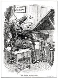 Caricatura satírica de Lloyd George como el Gran Improvisador o líder de los Improvisa-Tories, junio de 1920 de English School