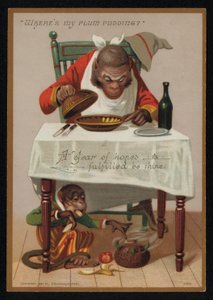Caricatura de monos y un pudín de ciruela, tarjeta de felicitación de Año Nuevo de English School