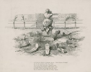 Caricatura, sátira sobre Albert Grant, las tumbas representan sus especulaciones dudosas de English School