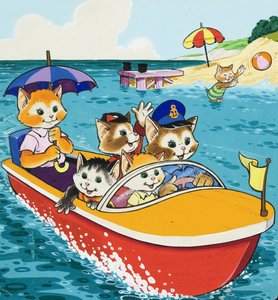 Familia de gatos en lancha motora