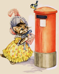 Gato con sombrero publicando una carta en un buzón