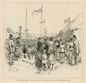 Catherine Gladstone inaugurando un parque infantil público de English School
