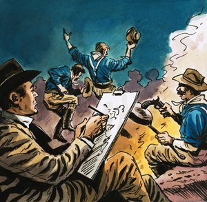 Soldado de caballería bailando alrededor de una fogata con Arthur Boyd Houghton dibujando