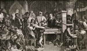 Caxton (c.1422-91) mostrando especímenes de su impresión al Rey Eduardo IV en el Almonry en Westminster, 1858 de English School