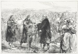 Celebración de la Eucaristía por los husitas en un campo cerca de Praga, ilustración de La Historia del Protestantismo por James Aitken Wylie (1808-1890), pub. 1878