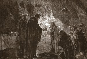 Celebración de la Cena del Señor por Calvino y sus compañeros protestantes en la gruta de Poictiers, ilustración de La Historia del Protestantismo de James Aitken Wylie, pub. 1878 de English School