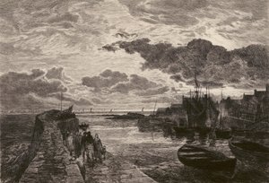 Puerto de Cellardyke, grabado por Chauvel, según Sam Bough (litografía) de English School