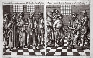 Ciertos obispos hablando con el Sr. Bradford en prisión, y dos frailes españoles hablando con el Sr. Bradford, ilustración de Hechos y Monumentos de John Foxe, novena edición, pub. 1684