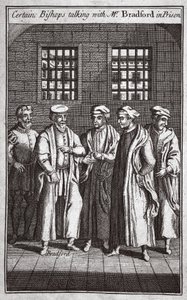 Ciertos obispos hablando con el Sr. Bradford en prisión, ilustración de Mártires de Fox c.1703 de English School