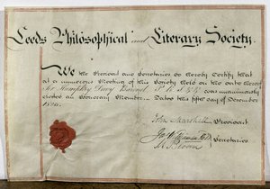 Certificado de membresía honoraria para Sir Humphry Davy (1778-1829) a la Sociedad Filosófica y Literaria de Leeds, 5 de diciembre de 1823 de English School