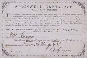 Certificado de agradecimiento por una donación al Orfanato de Stockwell, Londres, 1874 de English School