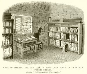 Biblioteca encadenada, fundada en 1598, en la sala sobre el pórtico de la iglesia parroquial de Grantham de English School